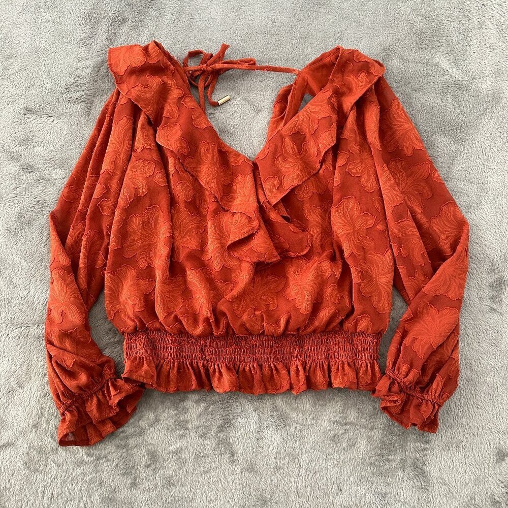 Anthropologie Orange Ruffle Smocked Textured Long Sleeve Blouse Women's SP Small - Picture 1 of 7